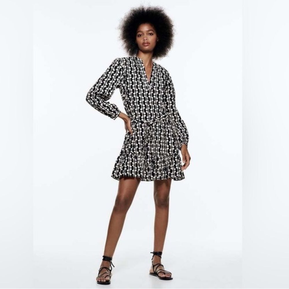 Zara The Paula white and black Mini Dress Long Sleeve  ruffled details size XS